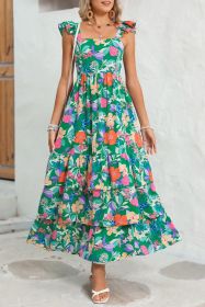 Green Boho Floral Print Ruffle Sleeveless Tiered Maxi Dress (size: (US 12-14)L)