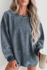 Blue Plain Solid Ribbed Knit Round Neck Pullover Sweatshirt