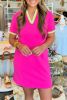 Rose Red Contrast Trim V Neck T-shirt Dress