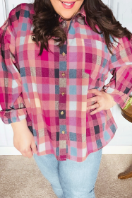 Rose Checkered Print Button-up Plus Size Shirt (size: (US 14W-16W)1X)