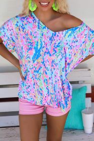 Pastel Blue Abstract Floral Print Short Sleeve V Neck T Shirt (size: (US 12-14)L)