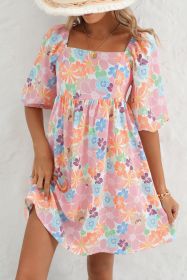 Pink Summer Floral Square Neck Puff Sleeve Babydoll Dress (size: (US 12-14)L)
