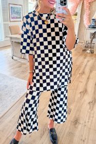 Black Checkered Print Half Sleeve Tunic Top and Flared Pants Set (size: (US 12-14)L)