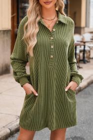 Moss Green Corded Buttons Placket Collared Shift Dress (size: (US 12-14)L)