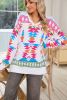 White Oversized Geometric Print High Low V Neck Sweater