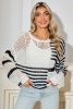 White Striped Lantern Sleeve Hollow Knitted Sweater