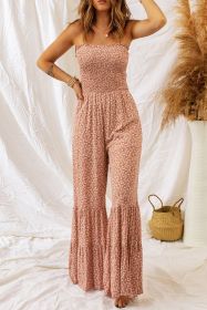 Khaki Floral Spaghetti Straps Smocked Bodice Wide Leg Jumpsuit (size: (US 12-14)L)