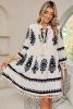 Beige Ethnic Print Notch V Neck Fringe Mini Dress