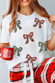 White Christmas Bowknot Patched Graphic Cotton Blend T Shirt (size: (US 20-22)2XL)