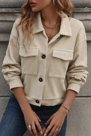 Beige Flap Pockets Turn Down Collar Corduroy Shacket (size: (US 12-14)L)