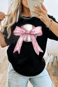 Black Baseball Bow Knot Graphic Crew Neck T Shirt (size: (US 18-20)2XL)