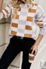 Khaki Checkered Crew Neck Drop Shoulder Knit Sweater