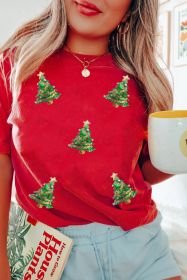 Red Sequin Christmas Tree Graphic Crewneck T Shirt (size: (US 20-22)2XL)