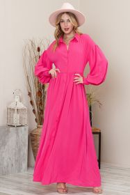 Rose Solid Color Bishop Sleeve Button Up Collared Shirt Dress (size: (US 12-14)L)
