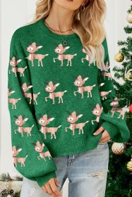 Dark Green Christmas Reindeer Pattern Drop Shoulder Sweater (size: (US 12-14)L)