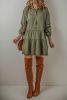 Jungle Green Puff Sleeve Buttoned Tiered Pleated Mini Shirt Dress