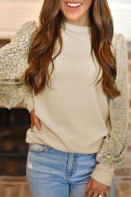 Apricot Leopard Print Long Sleeve Ribbed Knit Blouse (size: (US 12-14)L)