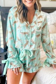 Green Leopard Satin Ruffle Hem Pajama Set (size: (US 12-14)L)