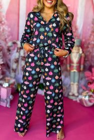 Navy Blue Colorful Christmas Lights Print Shirt and Pants Pajama Set (size: (US 20-22)2XL)