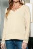 Apricot Ribbed Texture Lace Trim V Neck Long Sleeve Top