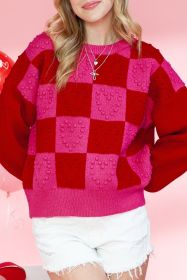 Multicolor Checkered Pattern Pompom Heart Knitted Sweater (size: (US 12-14)L)