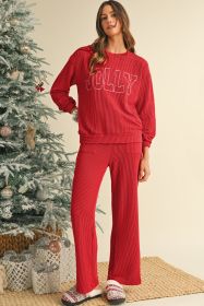 Fiery Red Crinkle Rib JOLLY Pattern Long Sleeve Top and Pockets Pants Set (size: (US 12-14)L)