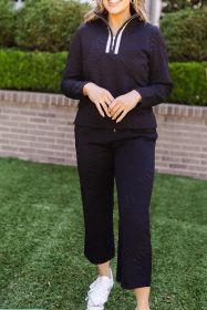 Black Textured Jacquard Quarter Zip Top and Crop Pants Set (size: (US 12-14)L)