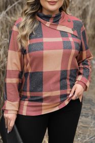 Mineral Red Plus Size Plaid Print Button Decor Asymmetric Neck Top (size: (US 14W-16W)1X)