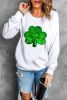 White Sequin Clover Embroidered Drop Shoulder Graphic Sweatshirt