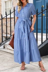 Blue Striped Button Front Belted Shirt Collar Maxi Dress (size: (US 12-14)L)
