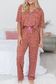 Brown Leopard Print Short Sleeve Shirt and Pants Pajamas Set (size: (US 12-14)L)