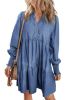 Dusk Blue Smocked Cuff Buttoned Tiered Denim Mini Dress