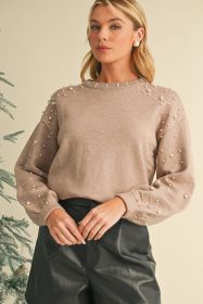 Smoke Gray Pearl Drop Shoulder Round Neck Sweater (size: (US 12-14)L)