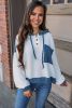 White Corded Patch Pocket Drawstring Henley Long Sleeve Top