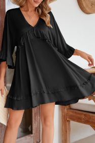 Black Ruffled 3/4 Sleeve V Neck Babydoll Short Dress (size: (US 12-14)L)