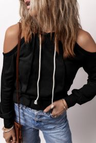 Black Exposed Seam Cold Shoulder Drawstring Hoodie (size: (US 12-14)L)