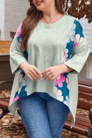 Green Plus Size Flower Patchwork Exposed Seam High Low Top (size: (US 14W-16W)1X)