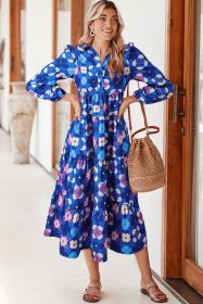 Blue Floral Peasant Sleeve Tiered Ruffle Midi Dress (size: (US 12-14)L)