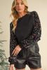 Black Sequin Raglan Sleeve Crewneck Pullover Sweatshirt