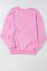 Pink Pearl Decor Ribbed Contrast Round Neck Sweatshirt