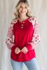 Red Heart & Striped Print Raglan Sleeve Henley Top