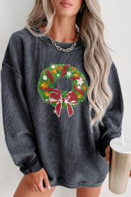 Gray Christmas Wreath Print Corded Pullover Graphic Sweatshirt (size: (US 18-20)2XL)