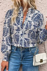 Sky Blue Ethnic Print Notch Neck Plus Size Shirt (size: (US 14W-16W)1X)