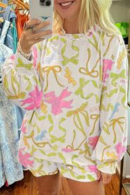 Multicolour Bowknot Print Round Neck Pullover and Shorts Set (size: (US 20-22)2XL)