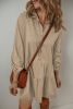 Tan Puff Sleeve Buttoned Tiered Pleated Mini Shirt Dress