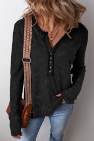 Black Button V Neck Waffle Henley Top (size: (US 12-14)L)