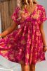 Rose Floral Short Sleeve Surplice Neck Ruffled Mini Dress