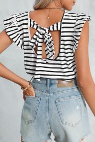 White Stripe V Neck Knotted Backless Ruffle T Shirt (size: (US 12-14)L)
