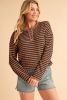 Brown Stripe Textured Long Sleeve Henley Top