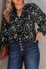Black Printed Split Neck Shirred Bubble Sleeve Blouse